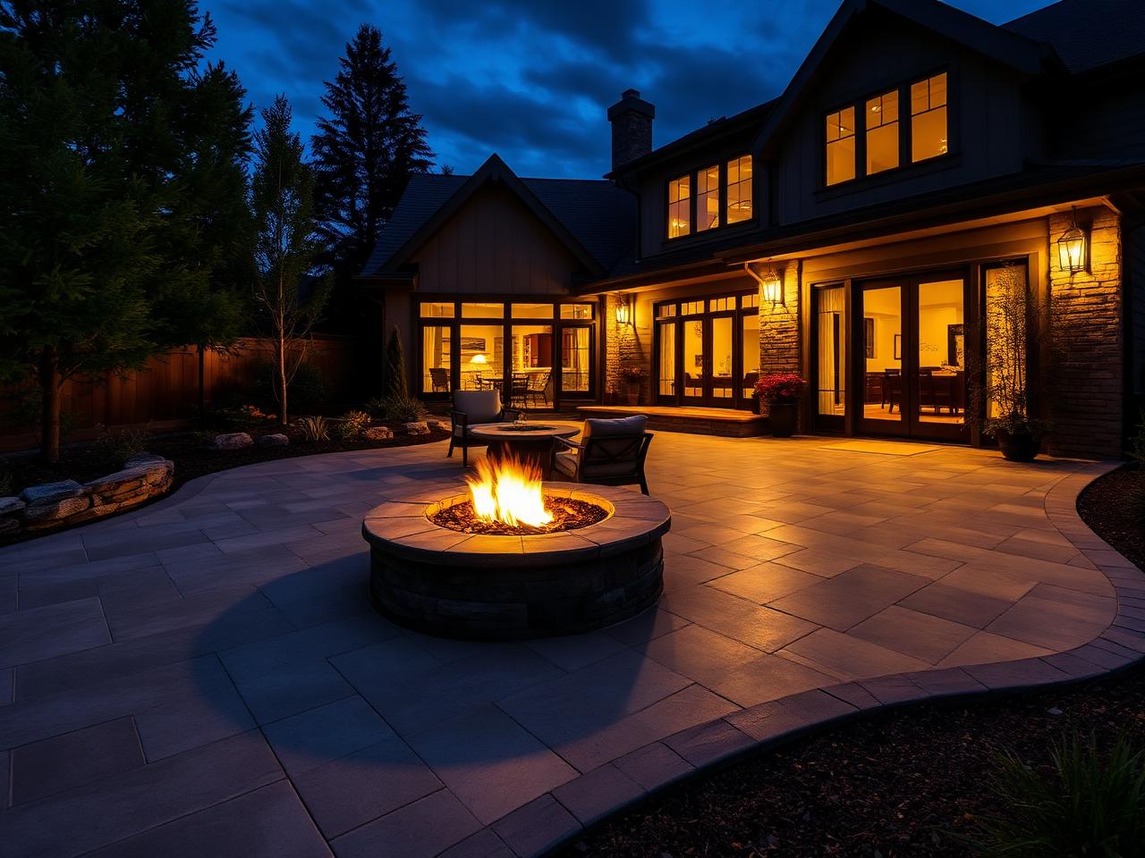 Stamped concrete patio with fire pit